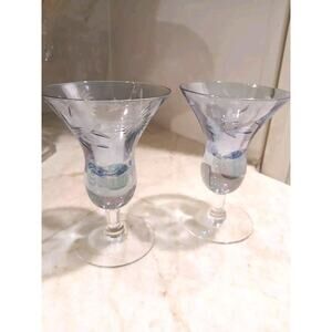 Murano Etched Cocktail Cordial Glasses 5" BLUE Barware Hand Blown Floral Italy